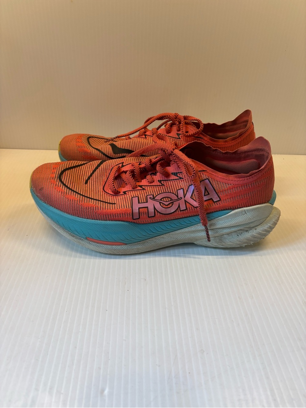Hoka Men's Coral-Orange and Aqua Road Running Shoes - Picture 3 of 5
